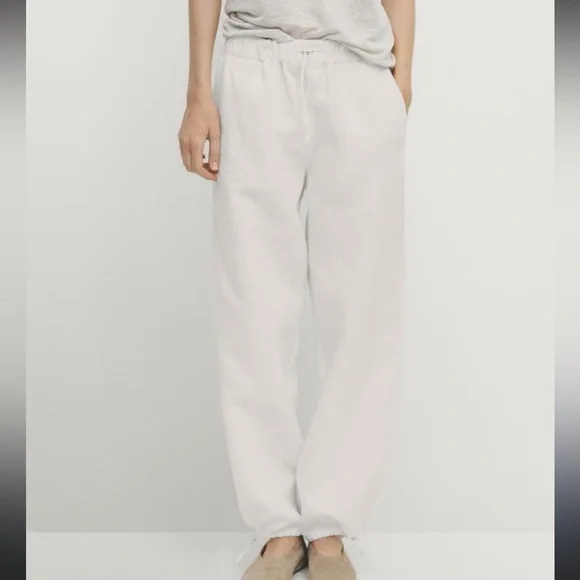[S]Zara White Linen Blend Drawstring Jogger Pants Slouchy relaxed Gauze - Picture 8 of 8